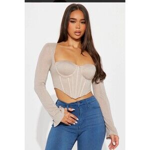 Fashion Nova SARAH SHIMMER Corset TAUPE TAN Long Sleeve Top Blouse SZ XL NWT #69